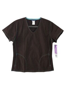 NU Dimension Aqua Trim Brown V-Neck Scrub Top